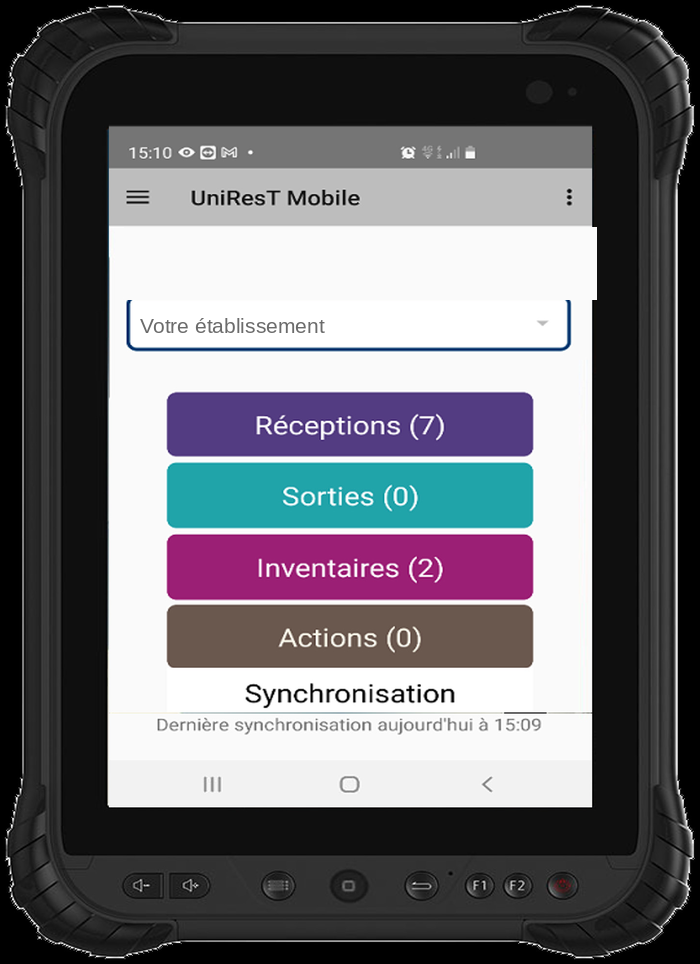 Application UNIREST Mobile sur tablette durcie — réceptions, sorties, inventaires, actions et synchronisation